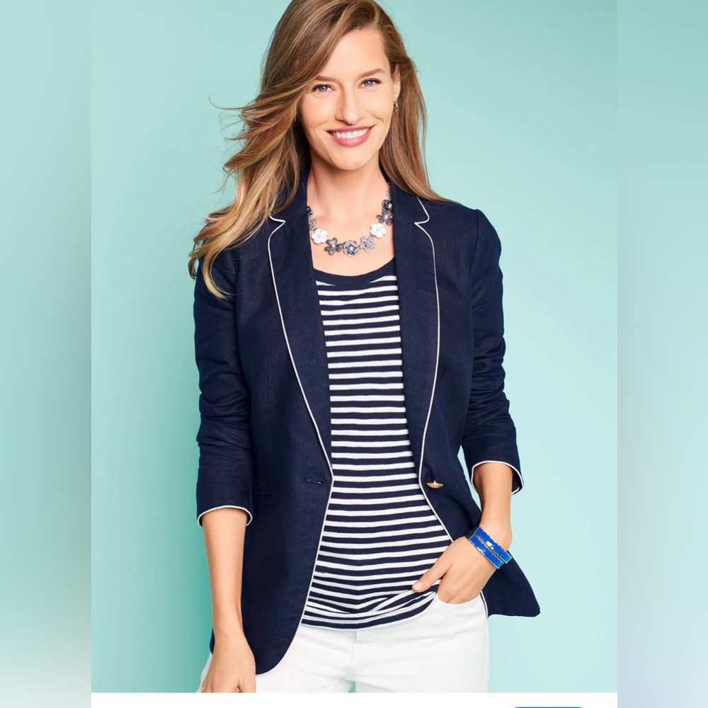 Talbots Blazer Lovely Classic Piped 100% Linen Navy Nautical Sailor Gold Buttons